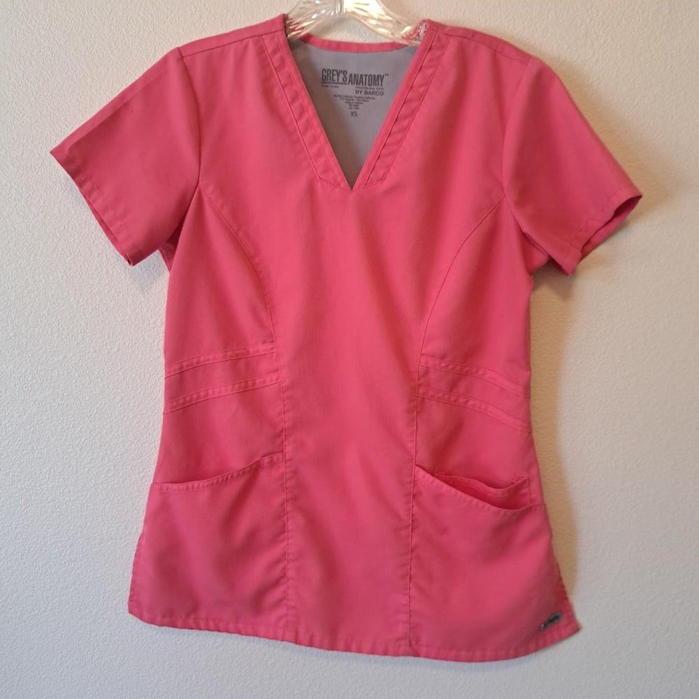 Greys Anatomy by Barco Womens Scrub Top XS Pink V-Neck Professional Wear 41452